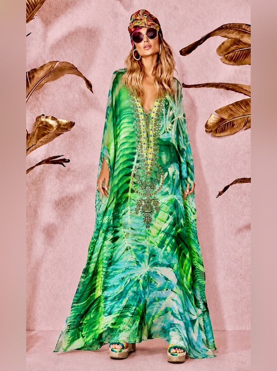 Camilla Dresses & Skirts - CAMILLA Pure Silk Palm Tropical Print Beaded Short Sleeve Maxi Kaftan Dress